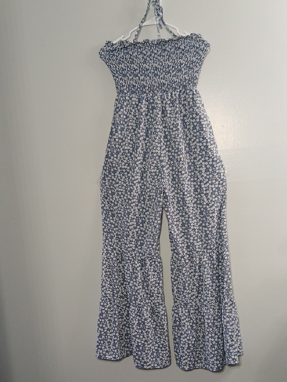 Smocked Blue Floral Wide-Leg Jumpsuit